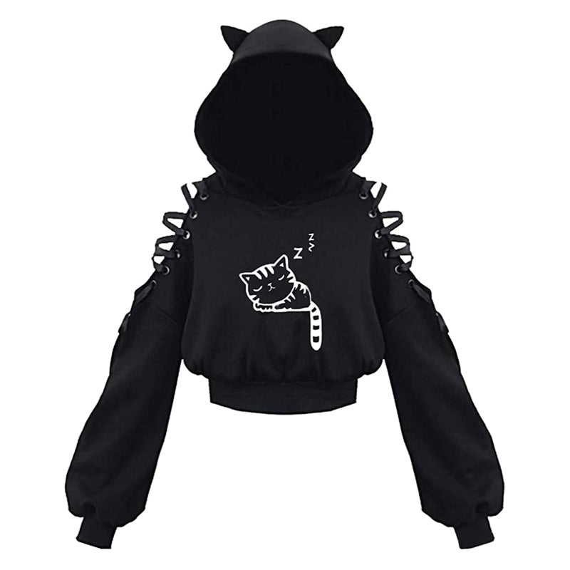 Women Hoodies Long Sleeve Kawaii Cat Ears Hoodie Gothic Punk Harajuku Cold Shouler Bandage Gothic Black Sweatshirts