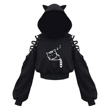 Load image into Gallery viewer, Women Hoodies Long Sleeve Kawaii Cat Ears Hoodie Gothic Punk Harajuku Cold Shouler Bandage Gothic Black Sweatshirts