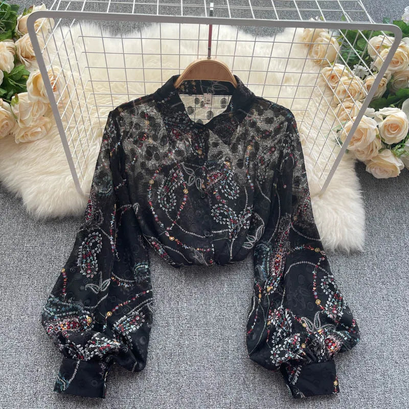 Spring Autumn Temperament Fashion Retro Chiffon Floral Blouses Print Loose Lapel Puff Sleeve Top Button Up Shirt Female GD611