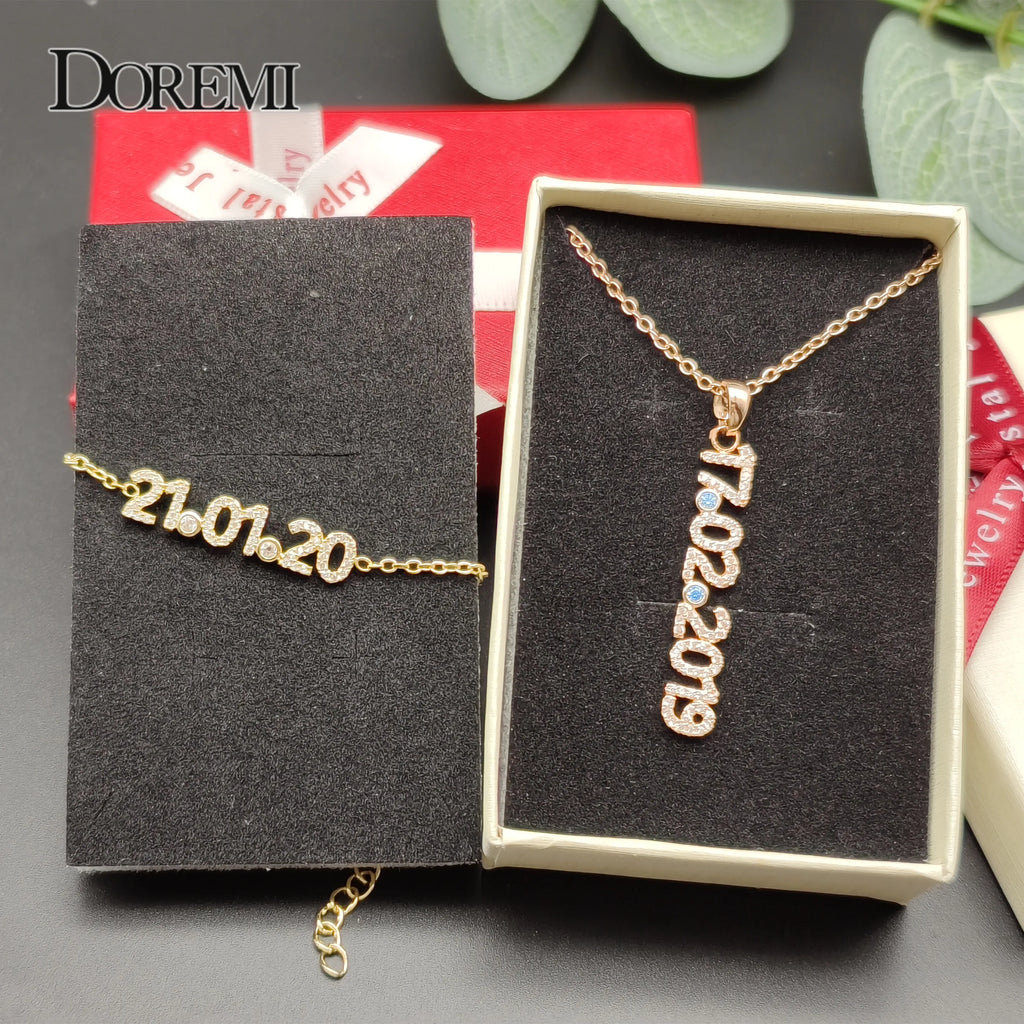 DOREMI New Crystal Name set Jewelry Personalized Birthstone Number Necklace & Bracelet Nameplate Pendant Women hristmas Gifts