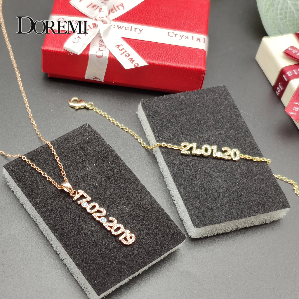 DOREMI New Crystal Name set Jewelry Personalized Birthstone Number Necklace & Bracelet Nameplate Pendant Women hristmas Gifts