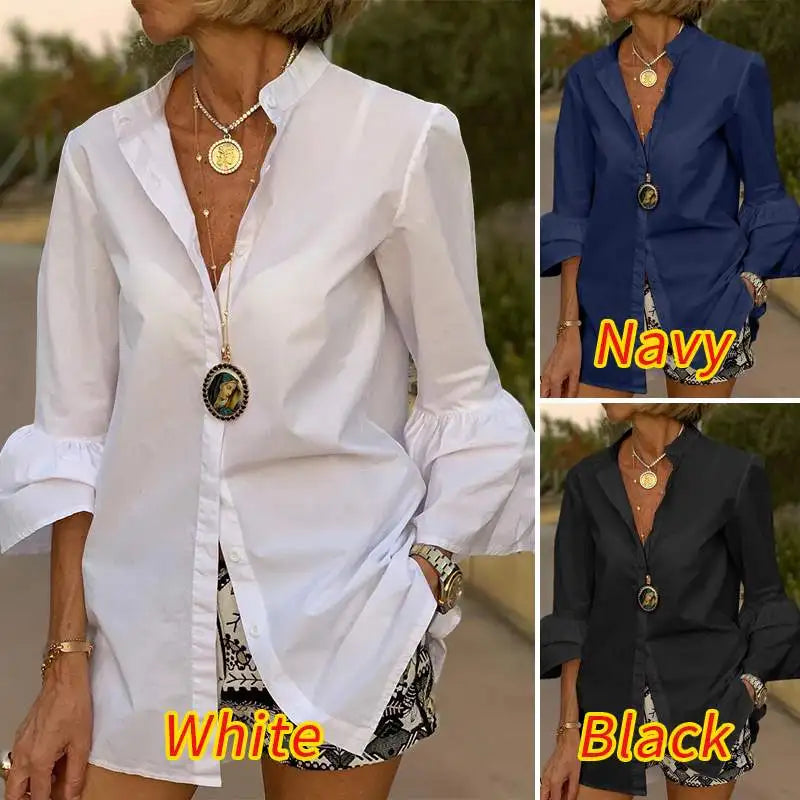 White Shirt Women Solid Color Flare Sleeve Shirts Spring Tops 2023 VONDA Sexy V Neck Button Up Office Shirts Femininas Blusas