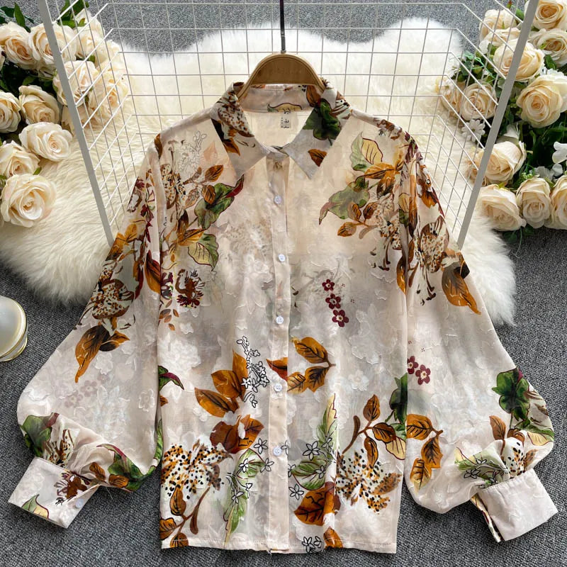 Spring Autumn Temperament Fashion Retro Chiffon Floral Blouses Print Loose Lapel Puff Sleeve Top Button Up Shirt Female GD611