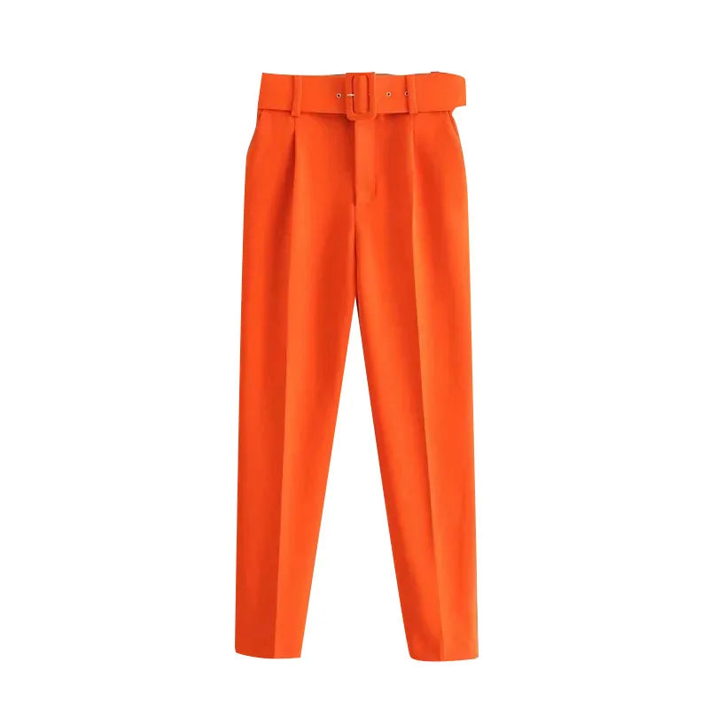 KPYTOMOA Women Fashion With Belt Side Pockets Office Wear Pants Vintage High Waist Zipper Fly Female Ankle Trousers Mujer