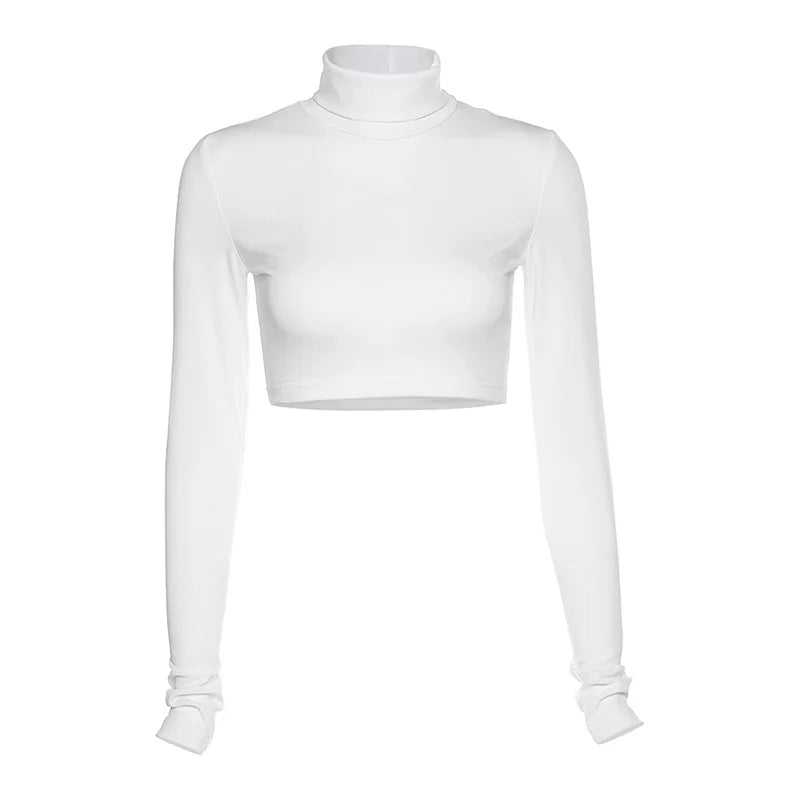 Basic Sheath Women Solid Turtleneck Tshirt Autumn Stretch Casual Undershirt Female All-match Street Activity Crop Tops