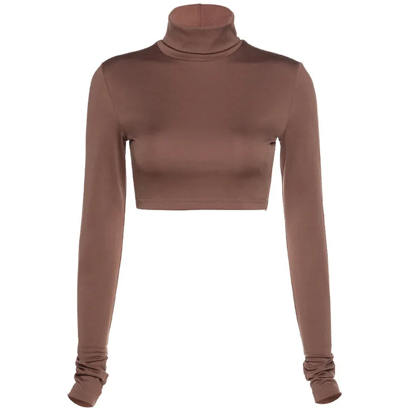 Basic Sheath Women Solid Turtleneck Tshirt Autumn Stretch Casual Undershirt Female All-match Street Activity Crop Tops