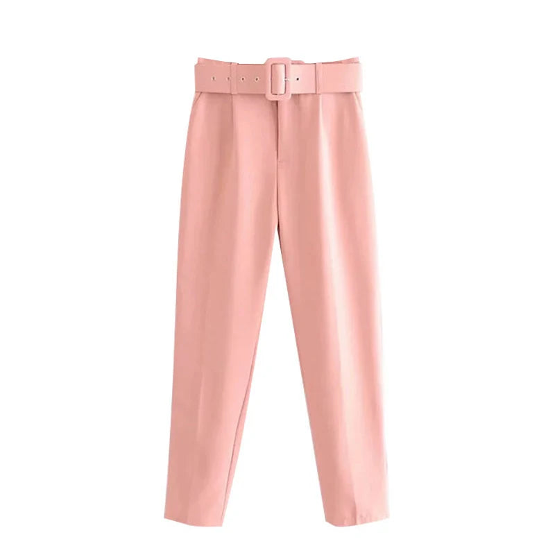 KPYTOMOA Women Fashion With Belt Side Pockets Office Wear Pants Vintage High Waist Zipper Fly Female Ankle Trousers Mujer