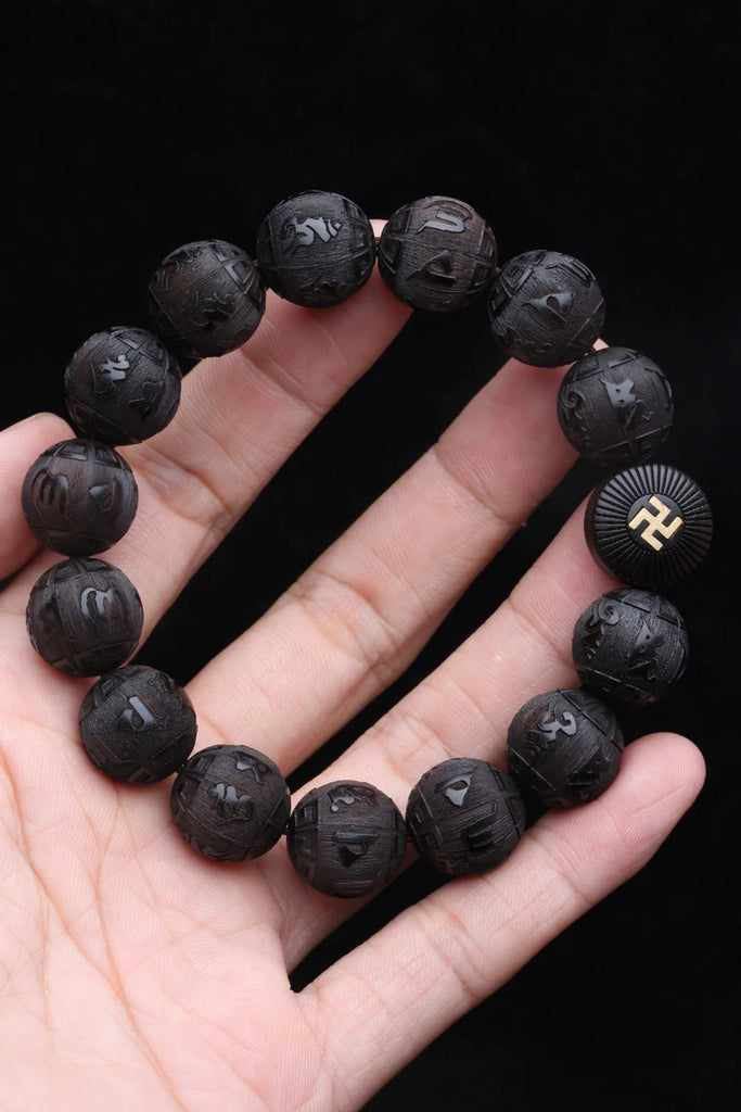 Authentic Natural Ebony Tibetan Six-Character Mantra Tibetan Prayer Wheel Bracelet 15mm Unisex Bracelet