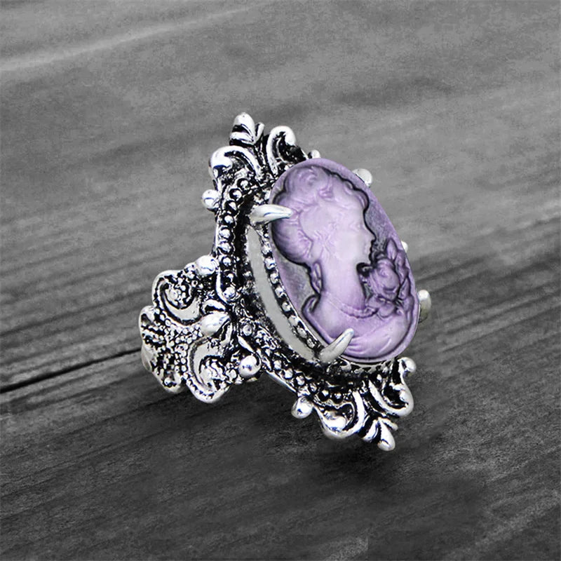 Vintage Leaf Lady Queen Cameo Rings For Women Antique Silver Plated Flower Cross Pink Cameo Ring Fashion Jewelry