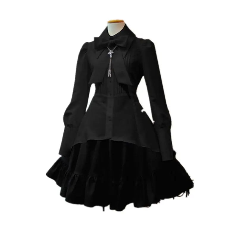 2024 Summer Elegant Party Black Gothic Women Lolita Dresses Big Size Bow Collar Pleated Lace Up Goth Vintage White Chic Jurken