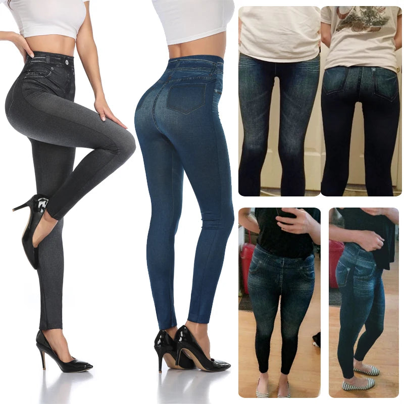 Women Super Strety Leggings Fashion Faux Denim Jeans Leggings Sexy Long Pocket Printing Leggins Summer Casual Pencil Pants