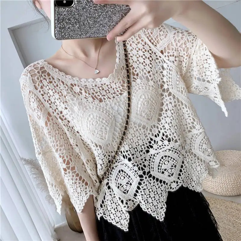 Simple Shawl Hollow-out Sweater Thin Artistic Pullover Blouse Women's Top