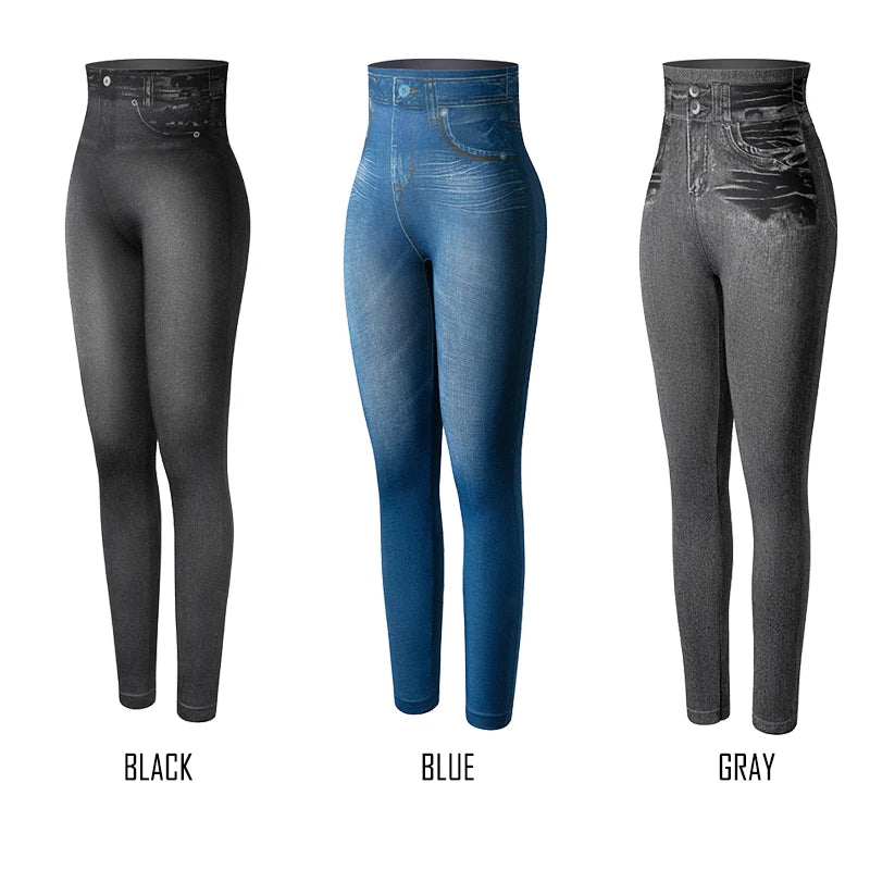 Women Super Strety Leggings Fashion Faux Denim Jeans Leggings Sexy Long Pocket Printing Leggins Summer Casual Pencil Pants