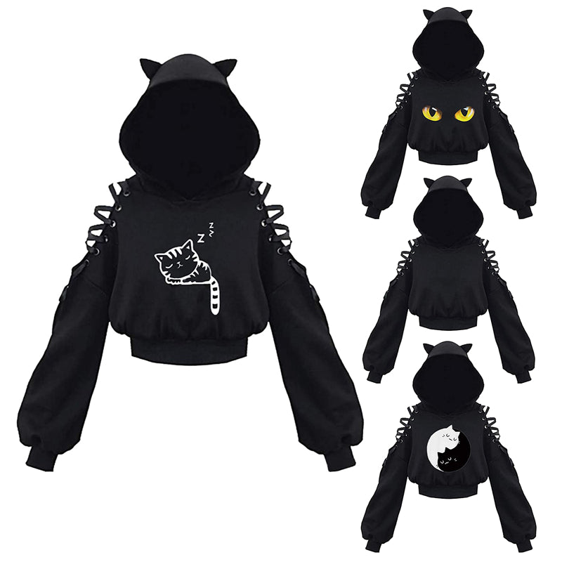 Women Hoodies Long Sleeve Kawaii Cat Ears Hoodie Gothic Punk Harajuku Cold Shouler Bandage Gothic Black Sweatshirts