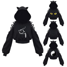 Load image into Gallery viewer, Women Hoodies Long Sleeve Kawaii Cat Ears Hoodie Gothic Punk Harajuku Cold Shouler Bandage Gothic Black Sweatshirts