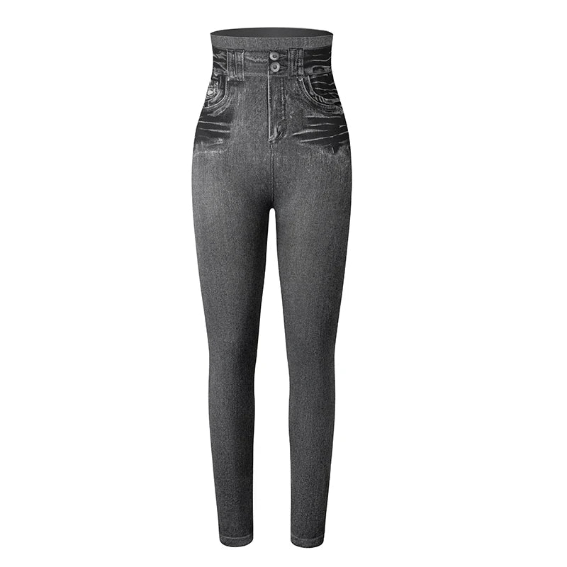 Women Super Strety Leggings Fashion Faux Denim Jeans Leggings Sexy Long Pocket Printing Leggins Summer Casual Pencil Pants