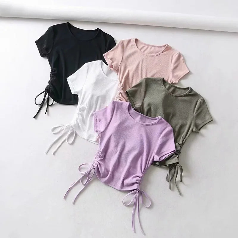 Sexy Side Drawstring Tie Up Ruched Tank Tops Women Solid Color Slim Crop Top Ladies Streetwear Ribbed Knitted Tees