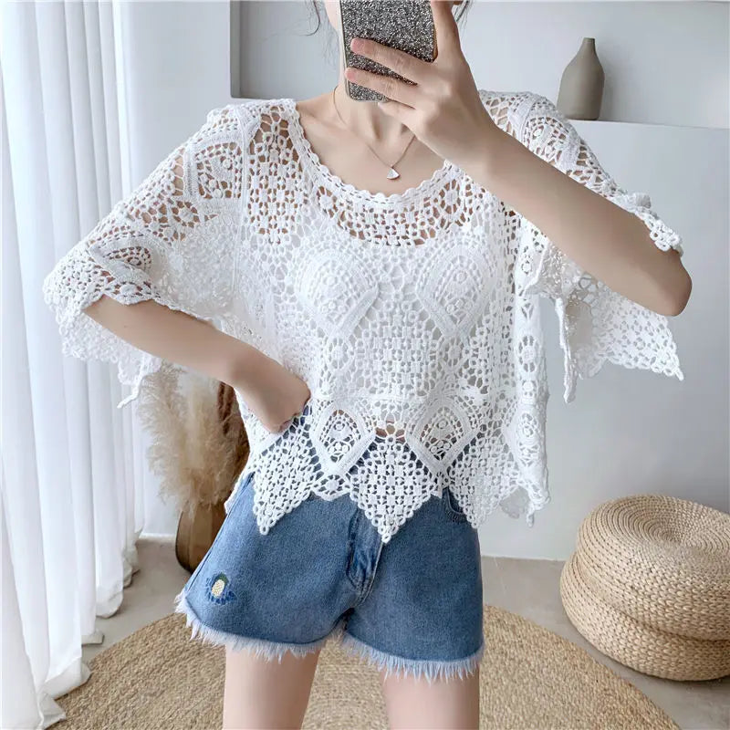 Simple Shawl Hollow-out Sweater Thin Artistic Pullover Blouse Women's Top