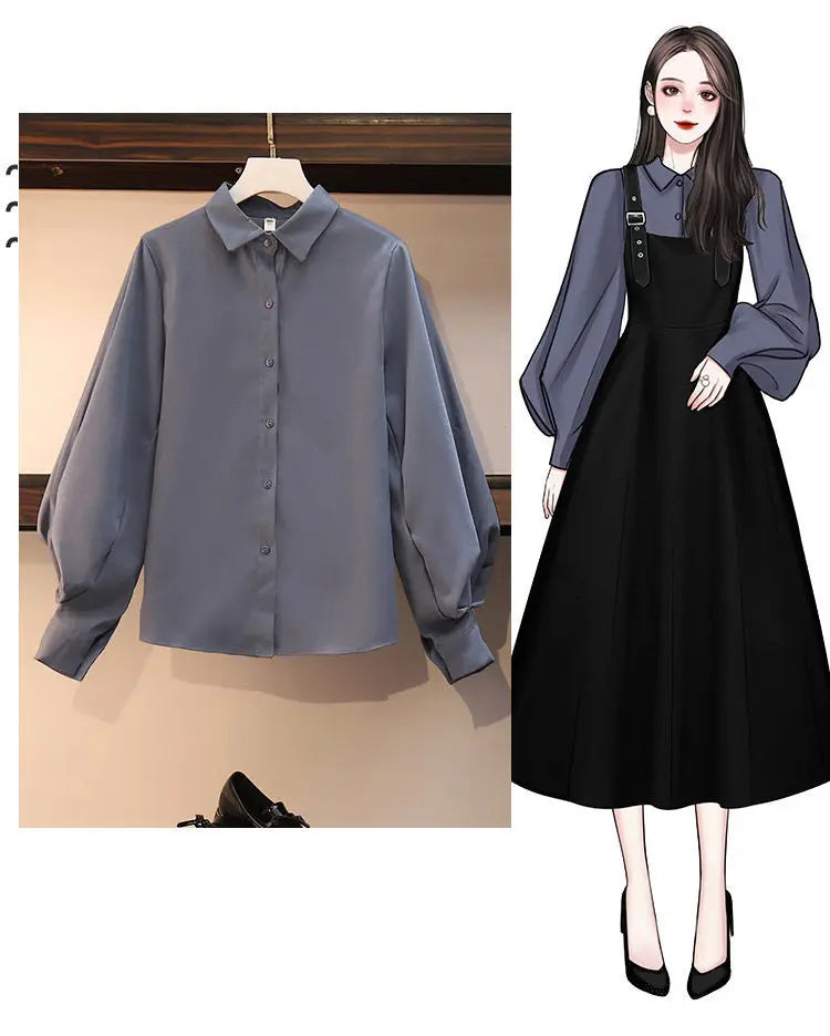 New Large Size Women's Set Spring and Autumn Suit Women Fashion Shirt + Dress Female Two-piece