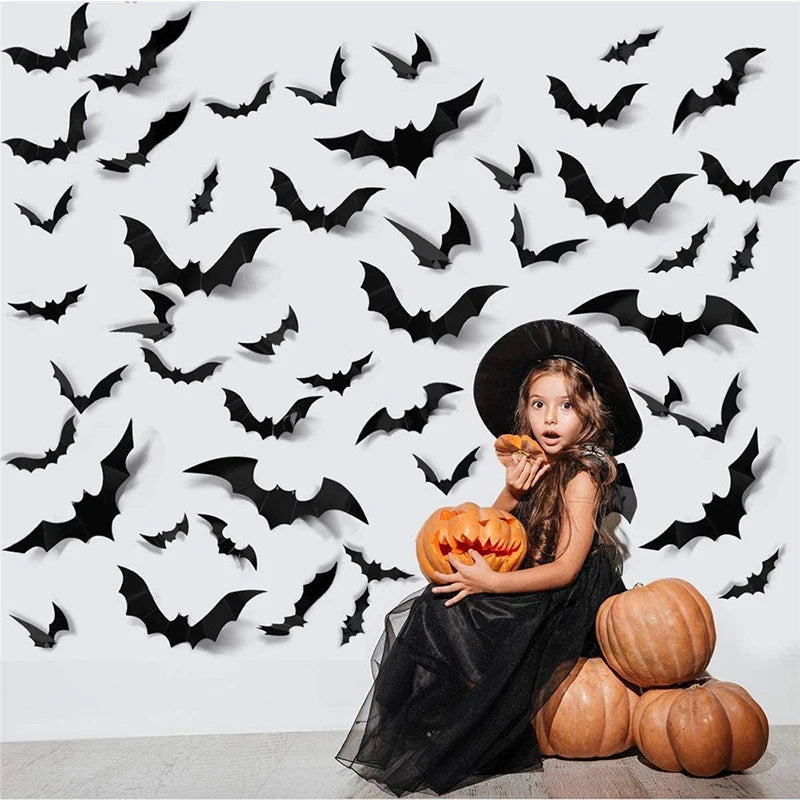 12/24/48pcs Halloween Decoration Wall Stickers 3D Black PVC Bat Halloween Party Decoration Bar Scary Props Room kids toys Decor