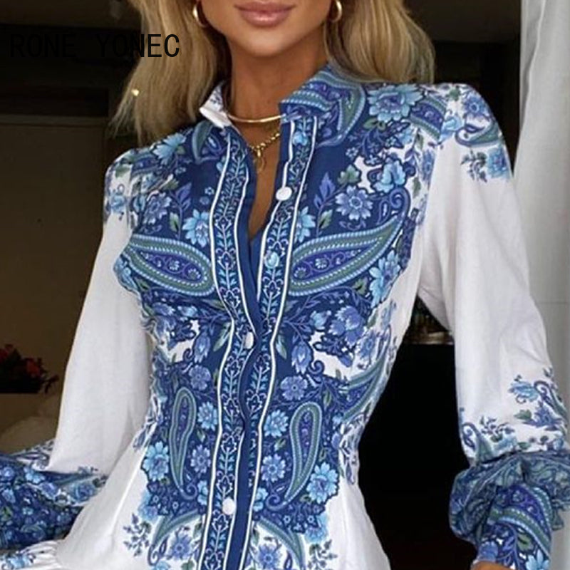 Women Casual All Over Print button Long sleeve Pleated Mini shirt Dresses