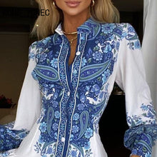 Load image into Gallery viewer, Women Casual All Over Print button Long sleeve Pleated Mini shirt Dresses