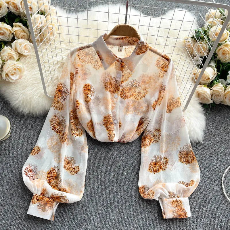 Spring Autumn Temperament Fashion Retro Chiffon Floral Blouses Print Loose Lapel Puff Sleeve Top Button Up Shirt Female GD611