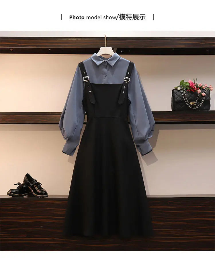 New Large Size Women's Set Spring and Autumn Suit Women Fashion Shirt + Dress Female Two-piece