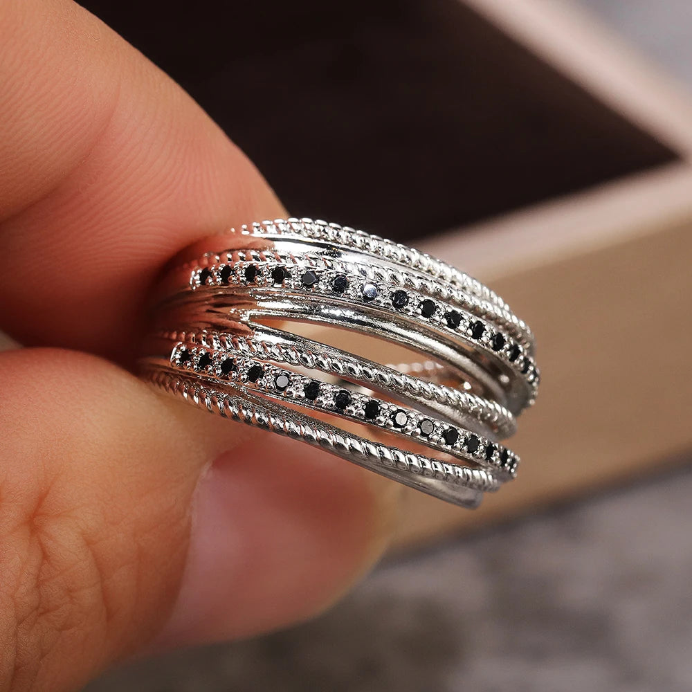 Huitan Silver Color Multiple Row Rings Shiny CZ Metallic OL Style Office Lady Versatile Finger Rings for Women Fashion Jewelry