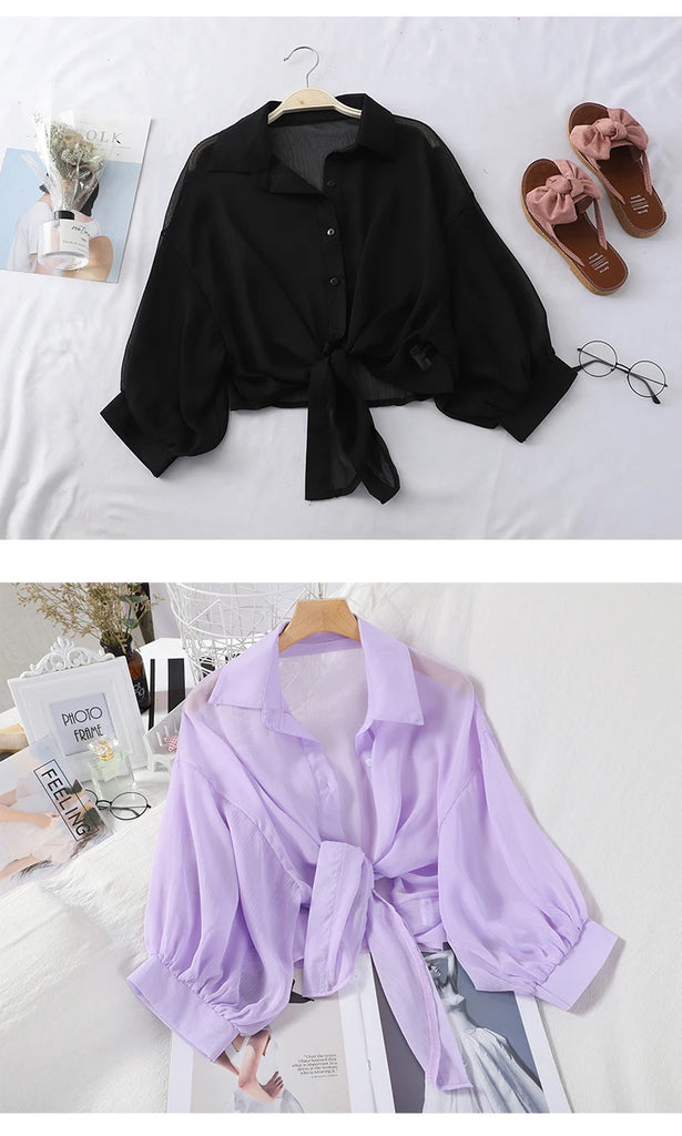 Chiffon Shirts Women 2020 Summer Half Sleeve Buttoned Up Shirt Loose Casual Blouse Tied Waist Elegant Blouses For Women