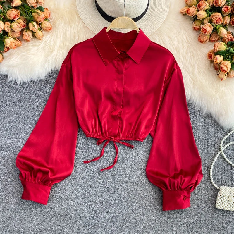 y2k tops woman blouse polo shirts satin long sleeve women blusas female shirt harajuku sexy pleated tee