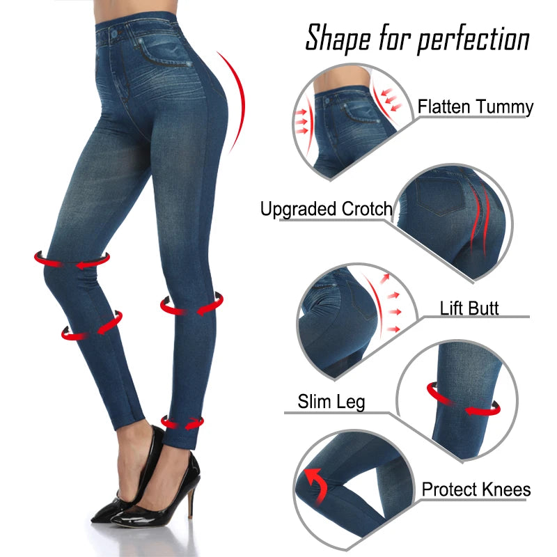 Women Super Strety Leggings Fashion Faux Denim Jeans Leggings Sexy Long Pocket Printing Leggins Summer Casual Pencil Pants