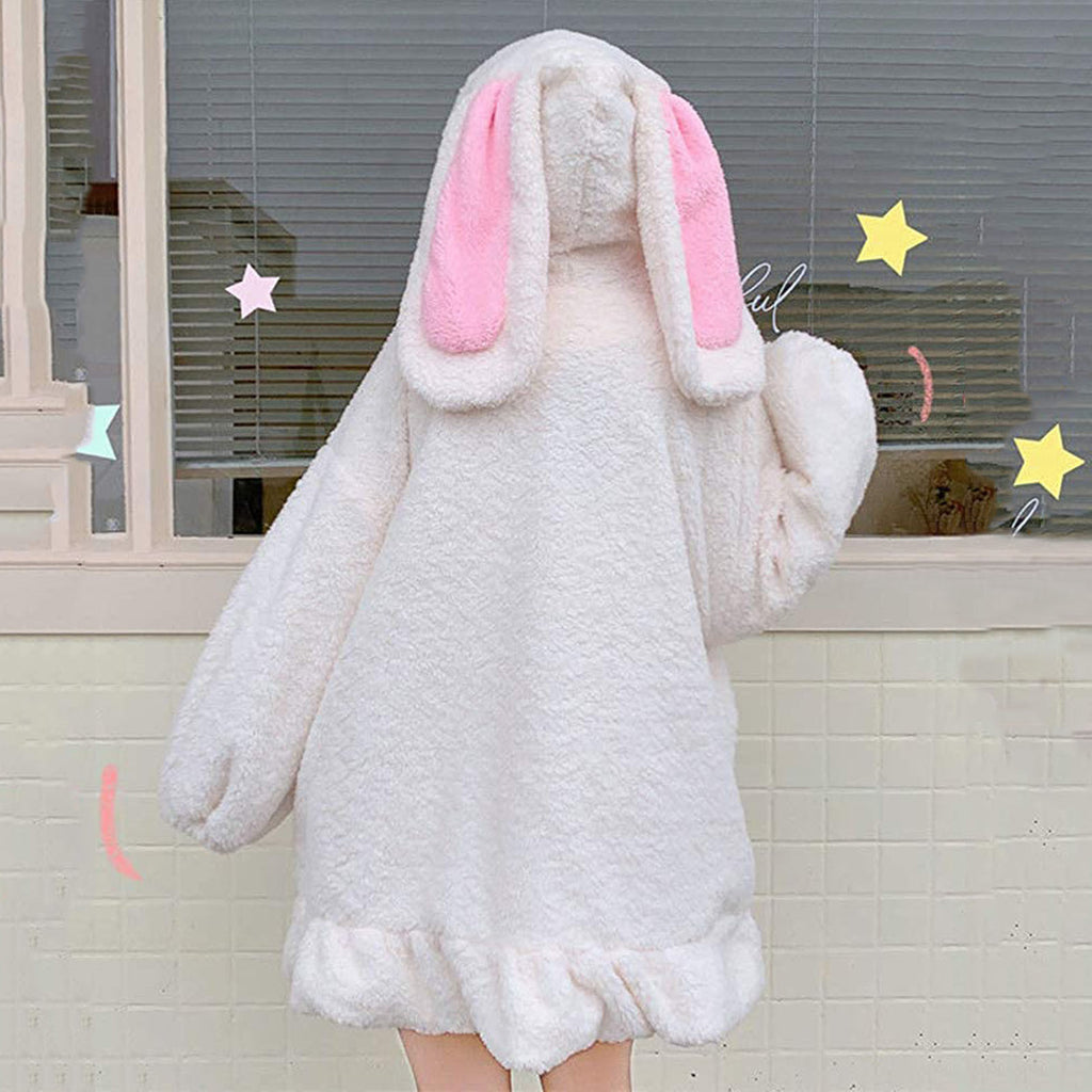 Flannel Bunny Ears Hoodies For Woman Winter Kawaii Women's Sweatershirt Fluffy Warm Winter Pullover Rabbit Jumper Hoddie