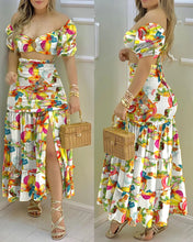 Load image into Gallery viewer, Commuting Style 2023 Fashion Holiday Floral Print O Neck Crop Top Shirr Slit High Waist Women Maxi Skirt Casual Sexy Sets