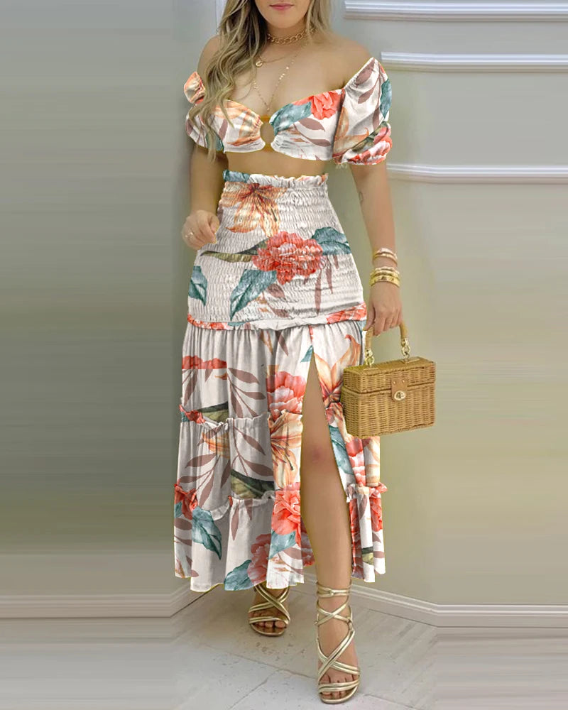 Commuting Style 2023 Fashion Holiday Floral Print O Neck Crop Top Shirr Slit High Waist Women Maxi Skirt Casual Sexy Sets