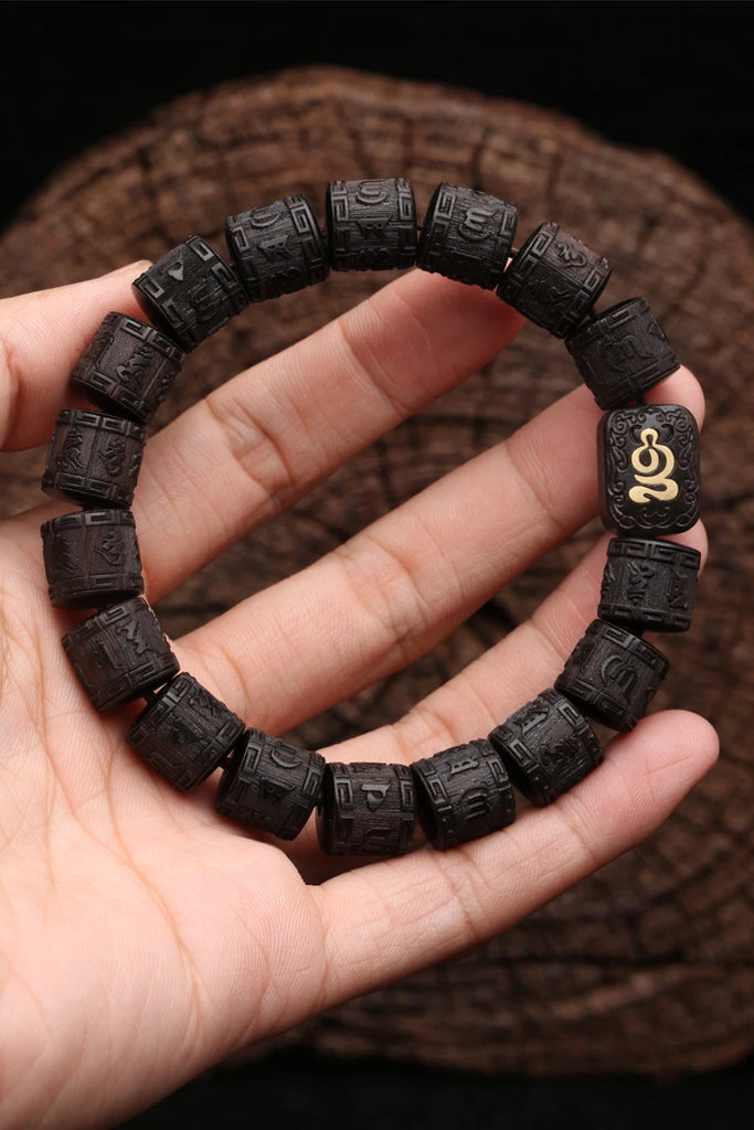 Authentic Natural Ebony Tibetan Six-Character Mantra Tibetan Prayer Wheel Bracelet 15mm Unisex Bracelet