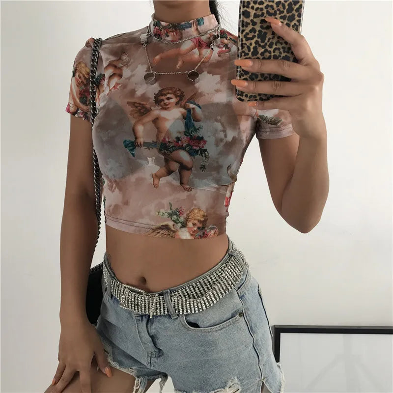 Sexy Hot Women High neck Short Sleeve Angel Cupid Print Mesh See Through Crop Top Female Loose Casual Short Tank T Shirt