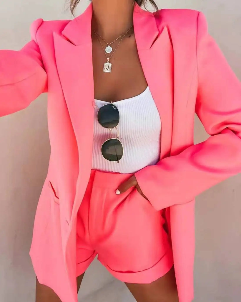 2024 Elegant Two Piece Blazer Suit Sets Women OL Office Sets Slim Cardigan Blazer Shorts Solid 2 Piece Set Casual Blazers Set