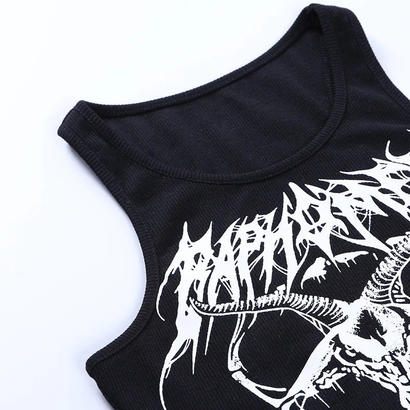 Gothic Knitted Punk Black Tank Tops Mall Goth Grunge Goat Print Harajuku Women Crop Tops Skinny Sleeveless Streetwear