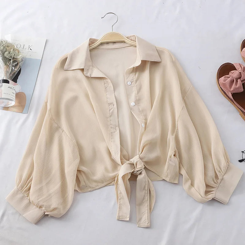 Chiffon Shirts Women 2020 Summer Half Sleeve Buttoned Up Shirt Loose Casual Blouse Tied Waist Elegant Blouses For Women