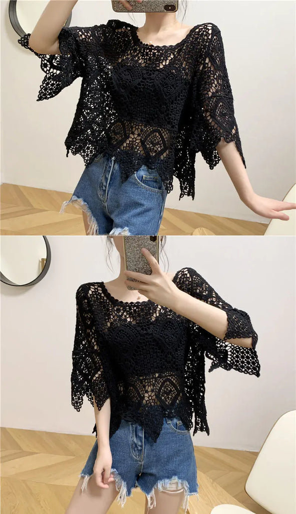 Simple Shawl Hollow-out Sweater Thin Artistic Pullover Blouse Women's Top