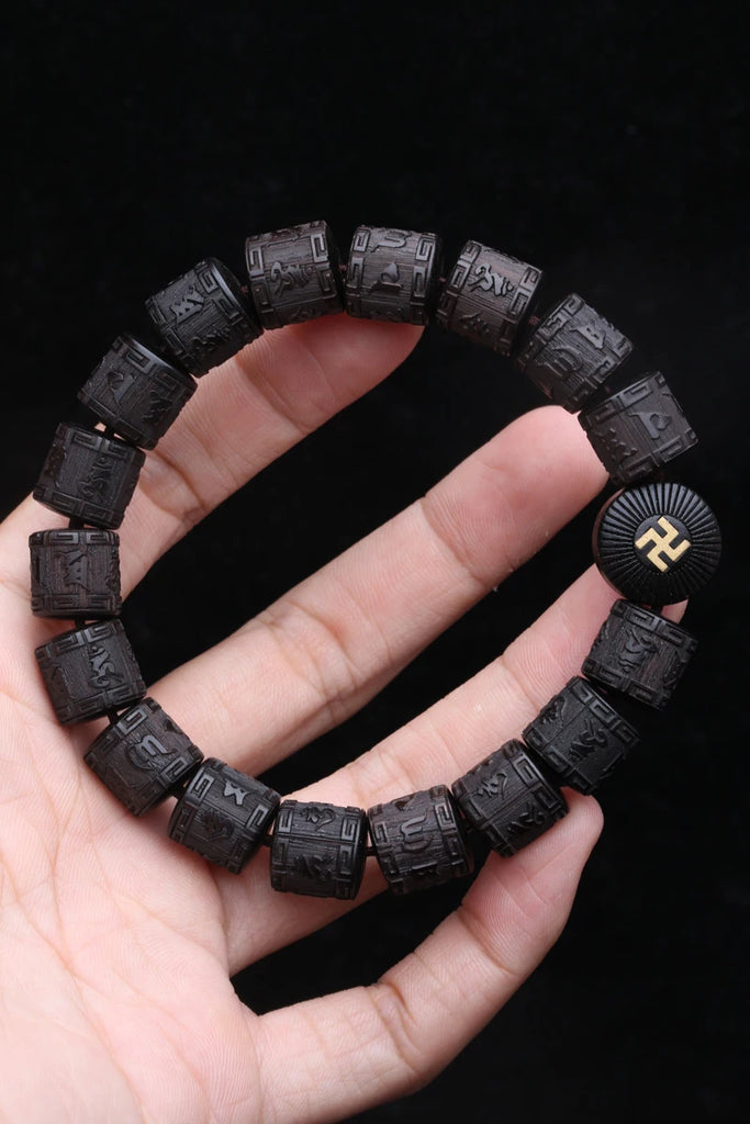 Authentic Natural Ebony Tibetan Six-Character Mantra Tibetan Prayer Wheel Bracelet 15mm Unisex Bracelet