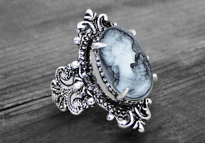 Vintage Leaf Lady Queen Cameo Rings For Women Antique Silver Plated Flower Cross Pink Cameo Ring Fashion Jewelry