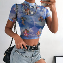 Load image into Gallery viewer, Sexy Hot Women High neck Short Sleeve Angel Cupid Print Mesh See Through Crop Top Female Loose Casual Short Tank T Shirt