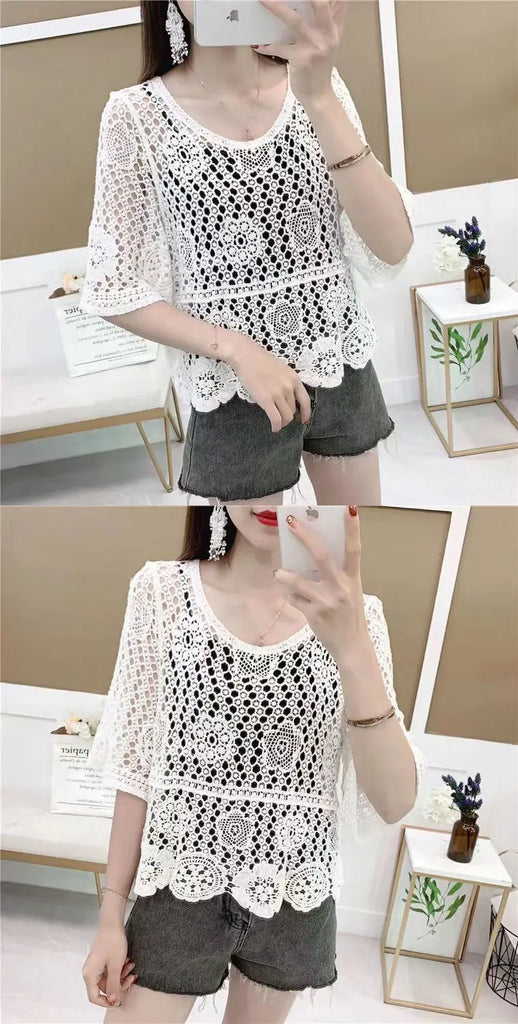 Simple Shawl Hollow-out Sweater Thin Artistic Pullover Blouse Women's Top