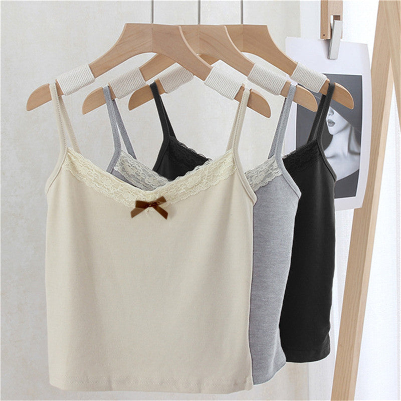 New Knitted Crop Top For Women Solid Color Lace Sling Tops Knitwear Tank Top Female Sexy Slim Camisole Sweet Short Beau Back Top