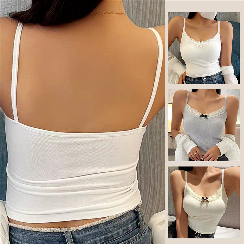 New Knitted Crop Top For Women Solid Color Lace Sling Tops Knitwear Tank Top Female Sexy Slim Camisole Sweet Short Beau Back Top