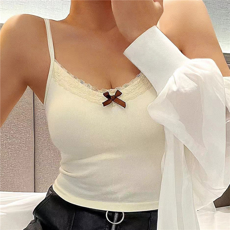 New Knitted Crop Top For Women Solid Color Lace Sling Tops Knitwear Tank Top Female Sexy Slim Camisole Sweet Short Beau Back Top