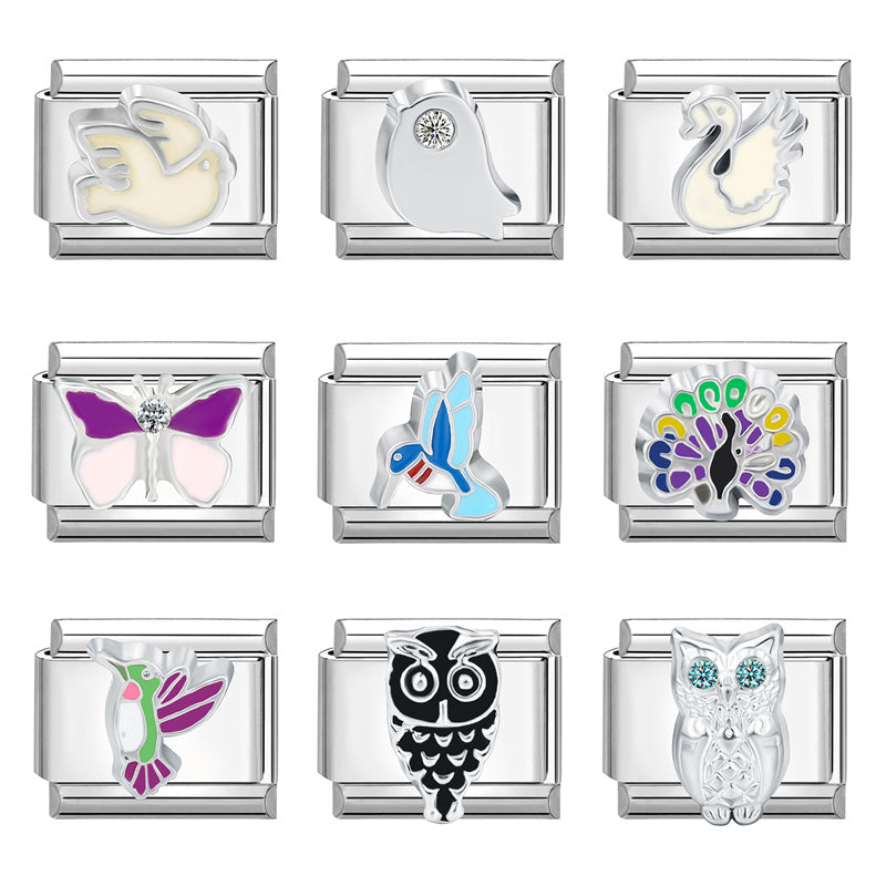 Cartoon Animals Butterfly Owl Swan Pigeon Italian Charm Links Stainless Steel Girls Women Fit 9mm Bracelet DIY Making Jewelry