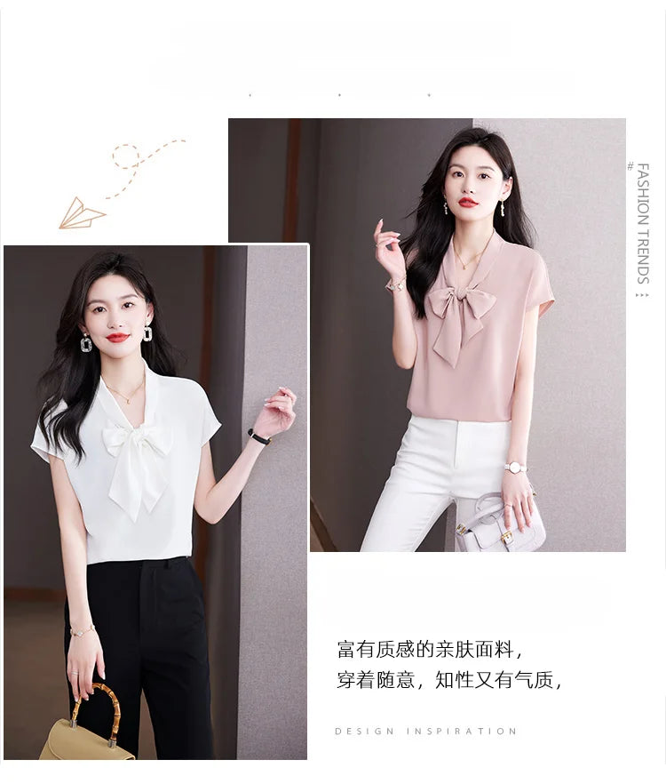 Bow Tie Blouse Shirt for Women OL Elegant Blouses Satin Womens Tops Silk Female Clothing 2023 Korean Fashion Short Sleeve Blouse